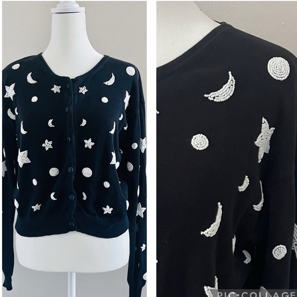Adrienne Vittadini Sweaters - VTG Beaded Stars And Moons Cardigan Size Medium Halloween Goth Spooky Black